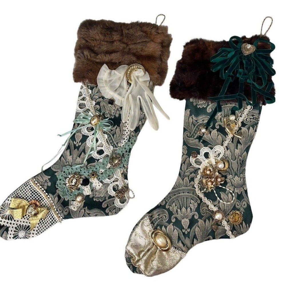 2 Vtg Victorian Style Christmas Stocking Embellished Jewels Fur Bows Glove Lace